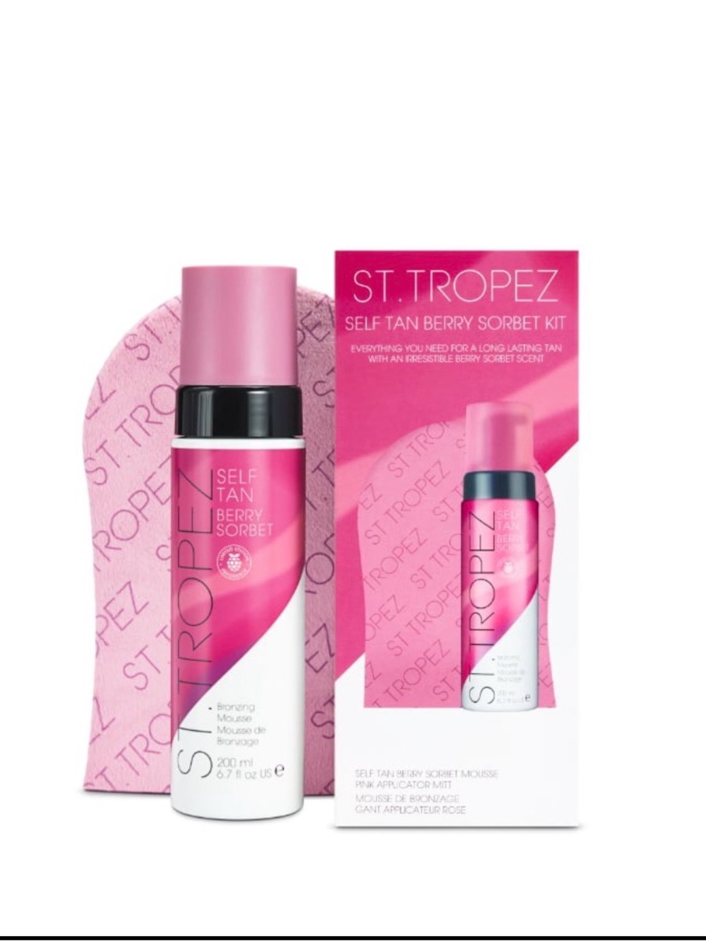 NWOB St. Tropez Limited Ed. Berry Sorbet Self Tan Mousse + Pink Velvet Mitt Set